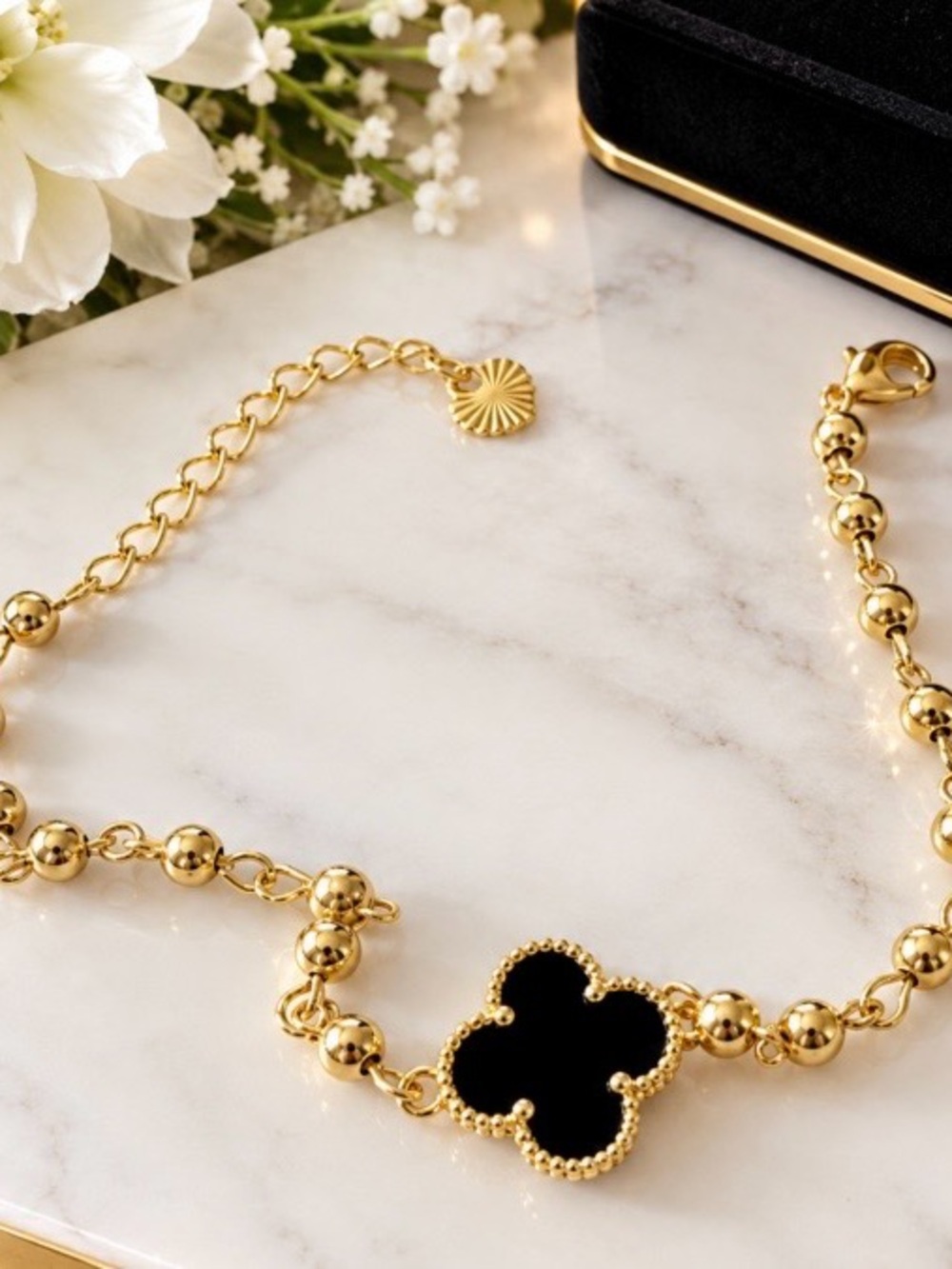 Designer-Inspired Gold Bracelet with Black Clover Pendant